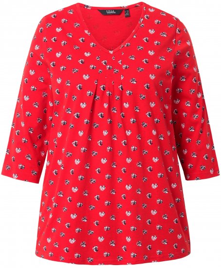 Ulla Popken Minimal Floral Print 3/4 Sleeve Tee Neon Red - Trykte T-shirts til kvinder - Printede T-shirts til Damer