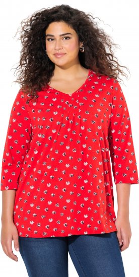 Ulla Popken Minimal Floral Print 3/4 Sleeve Tee Neon Red - Trykte T-shirts til kvinder - Printede T-shirts til Damer
