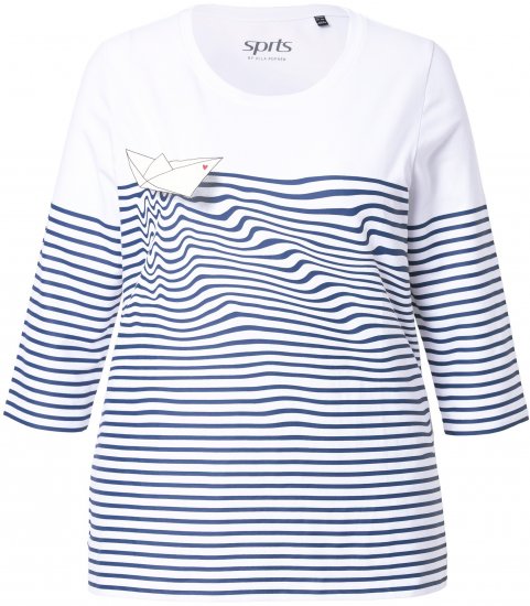Ulla Popken Paper Boat Print 3/4 Sleeve Tee Snow White - Trykte T-shirts til kvinder - 