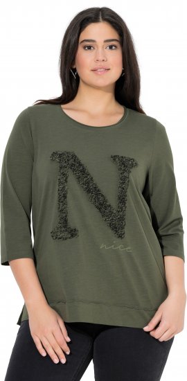 Ulla Popken Textured Lettering 3/4 Sleeve Tee Olive - Trykte T-shirts til kvinder - 