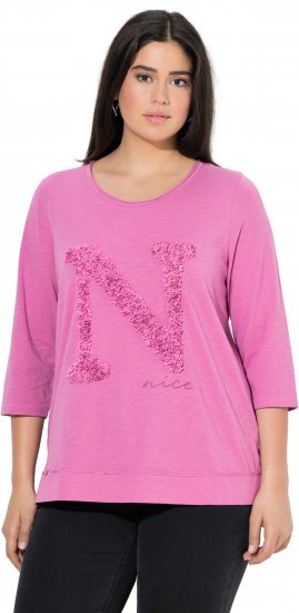 Ulla Popken Textured Lettering 3/4 Sleeve Tee Pink - Trykte T-shirts til kvinder - 