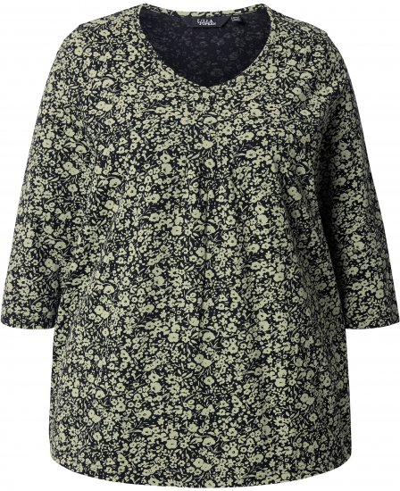 Ulla Popken Pleated Floral Print 3/4 Sleeve Tee Pond Green - Trykte T-shirts til kvinder - 