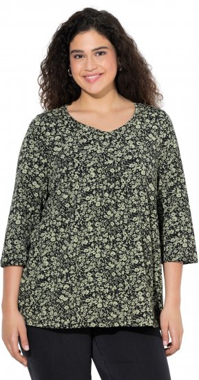 Ulla Popken Pleated Floral Print 3/4 Sleeve Tee Pond Green - Trykte T-shirts til kvinder - 