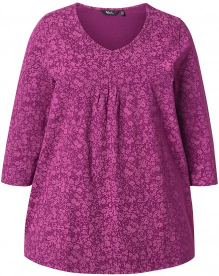 Ulla Popken Pleated Floral Print 3/4 Sleeve Tee Raspberry - Trykte T-shirts til kvinder - 