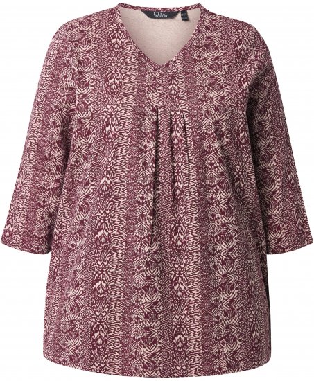 Ulla Popken Mixed Pattern Stripe 3/4 Sleeve Tee Dark Cherry Red - T-shirts - T-shirts til kvinder