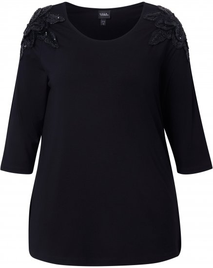 Ulla Popken Flower Epaulet 3/4 Sleeve Top Black - Trykte T-shirts til kvinder - Printede T-shirts til Damer