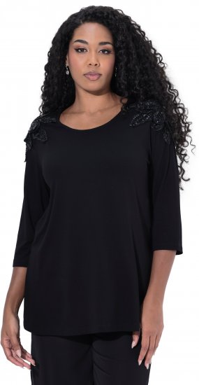 Ulla Popken Flower Epaulet 3/4 Sleeve Top Black - Trykte T-shirts til kvinder - Printede T-shirts til Damer