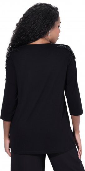Ulla Popken Flower Epaulet 3/4 Sleeve Top Black - Trykte T-shirts til kvinder - Printede T-shirts til Damer
