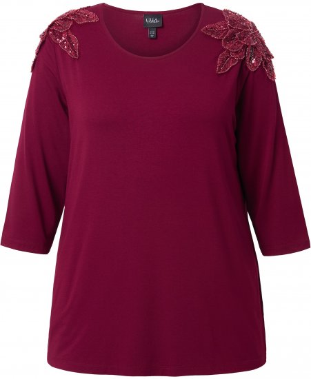Ulla Popken Flower Epaulet 3/4 Sleeve Top Dark Cherry Red - Trykte T-shirts til kvinder - 