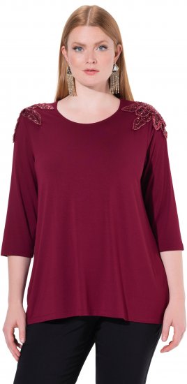 Ulla Popken Flower Epaulet 3/4 Sleeve Top Dark Cherry Red - Trykte T-shirts til kvinder - 