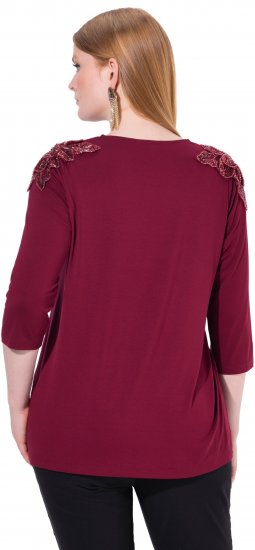 Ulla Popken Flower Epaulet 3/4 Sleeve Top Dark Cherry Red - Trykte T-shirts til kvinder - 