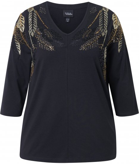 Ulla Popken Feather Beadwork 3/4 Sleeve Top Black - Trykte T-shirts til kvinder - 