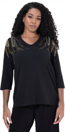 Ulla Popken Feather Beadwork 3/4 Sleeve Top Black - Trykte T-shirts til kvinder - 
