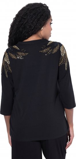 Ulla Popken Feather Beadwork 3/4 Sleeve Top Black - Trykte T-shirts til kvinder - 