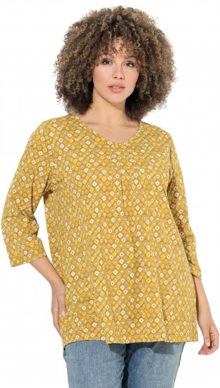 Ulla Popken Graphic Print Pleated 3/4 Sleeve Tee Mocha Brown - T-shirts - T-shirts til kvinder