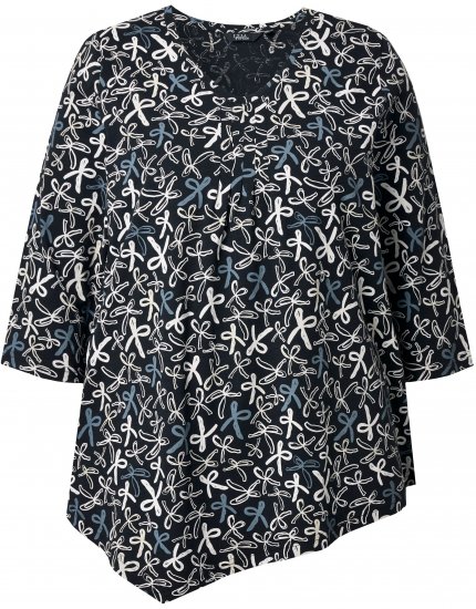 Ulla Popken Ribbon Print 3/4 Sleeve Asymmetric Tee Black - Trykte T-shirts til kvinder - 