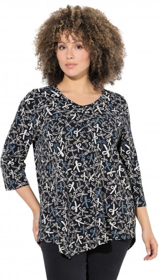 Ulla Popken Ribbon Print 3/4 Sleeve Asymmetric Tee Black - Trykte T-shirts til kvinder - 
