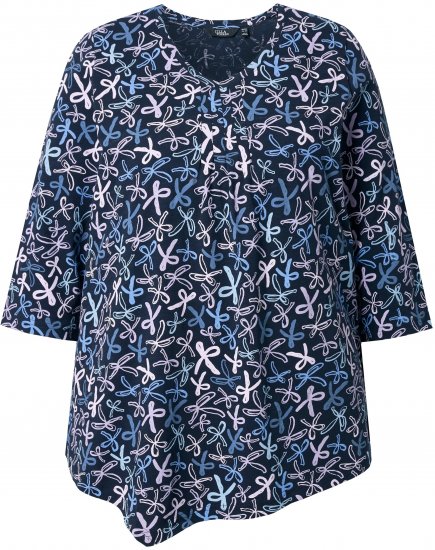 Ulla Popken Ribbon Print 3/4 Sleeve Asymmetric Tee Navy - Trykte T-shirts til kvinder - 