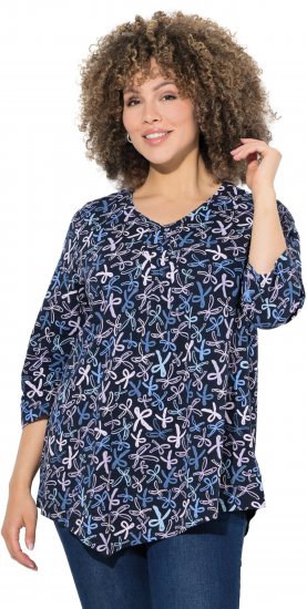Ulla Popken Ribbon Print 3/4 Sleeve Asymmetric Tee Navy - Trykte T-shirts til kvinder - 