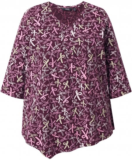 Ulla Popken Ribbon Print 3/4 Sleeve Asymmetric Tee Plum - Trykte T-shirts til kvinder - 