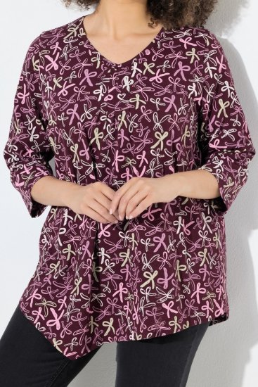 Ulla Popken Ribbon Print 3/4 Sleeve Asymmetric Tee Plum - Trykte T-shirts til kvinder - Printede T-shirts til Damer