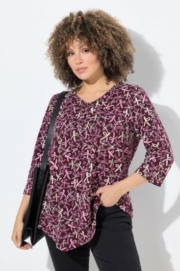 Ulla Popken Ribbon Print 3/4 Sleeve Asymmetric Tee Plum - Trykte T-shirts til kvinder - Printede T-shirts til Damer