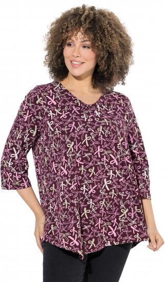 Ulla Popken Ribbon Print 3/4 Sleeve Asymmetric Tee Plum - Trykte T-shirts til kvinder - 