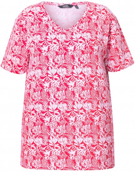 Ulla Popken Coral Reef Printed Short Sleeve V-Neck Tee Lychee - Trykte T-shirts til kvinder - Printede T-shirts til Damer