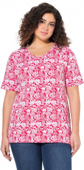 Ulla Popken Coral Reef Printed Short Sleeve V-Neck Tee Lychee - Trykte T-shirts til kvinder - Printede T-shirts til Damer