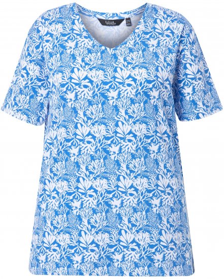 Ulla Popken Coral Reef Printed Short Sleeve V-Neck Tee Teal Blue - Trykte T-shirts til kvinder - 