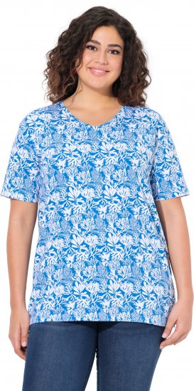 Ulla Popken Coral Reef Printed Short Sleeve V-Neck Tee Teal Blue - Trykte T-shirts til kvinder - 