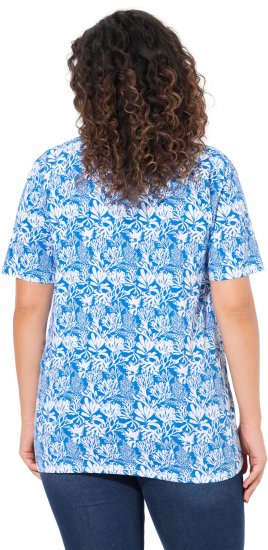 Ulla Popken Coral Reef Printed Short Sleeve V-Neck Tee Teal Blue - Trykte T-shirts til kvinder - 