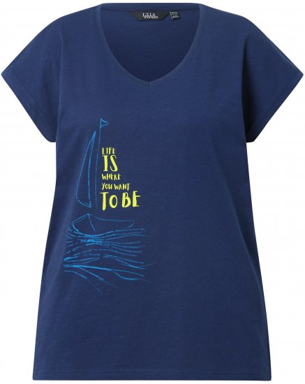 Ulla Popken Half-Sleeve A-line V-Neck Boat Pattern T-Shirt Ink Blue - Trykte T-shirts til kvinder - 