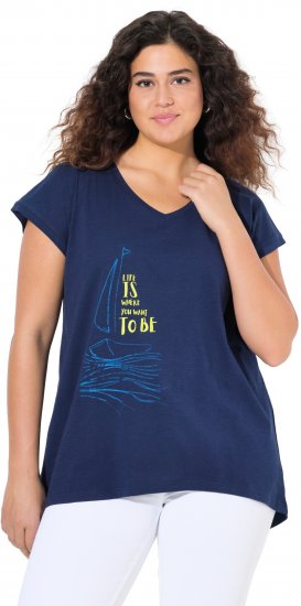 Ulla Popken Half-Sleeve A-line V-Neck Boat Pattern T-Shirt Ink Blue - Trykte T-shirts til kvinder - 