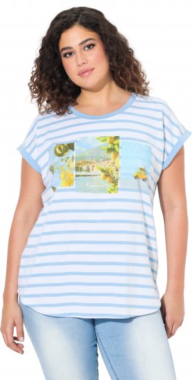 Ulla Popken Striped Short Sleeve Citrus Graphic Tee Light Blue - Trykte T-shirts til kvinder - 