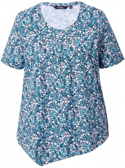 Ulla Popken Floral Pointed Hem Short Sleeve Tee Deep Aqua - Trykte T-shirts til kvinder - 