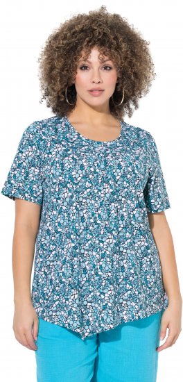 Ulla Popken Floral Pointed Hem Short Sleeve Tee Deep Aqua - Trykte T-shirts til kvinder - 