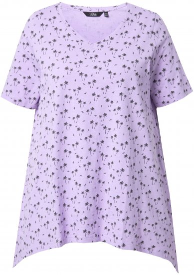 Ulla Popken Palm Tree Print Pointed Hem Tee Lavender - Trykte T-shirts til kvinder - 