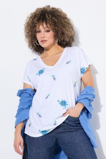 Ulla Popken Cross Stitch Short Sleeve Tee Snow White - Trykte T-shirts til kvinder - Printede T-shirts til Damer