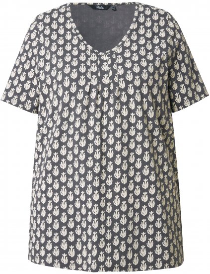 Ulla Popken Cactus Print Short Sleeve V-Neck Tee Graphite Grey - Trykte T-shirts til kvinder - Printede T-shirts til Damer