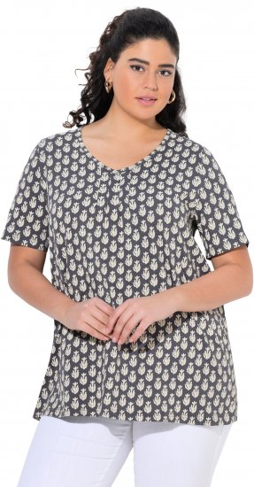 Ulla Popken Cactus Print Short Sleeve V-Neck Tee Graphite Grey - Trykte T-shirts til kvinder - Printede T-shirts til Damer