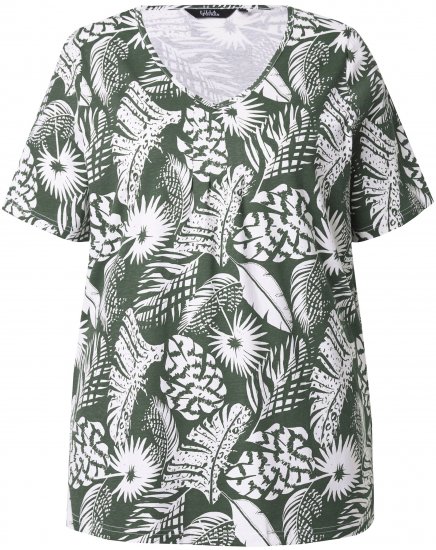 Ulla Popken Feather Print Short Sleeve V-Neck Tee Olive Grey - Trykte T-shirts til kvinder - 