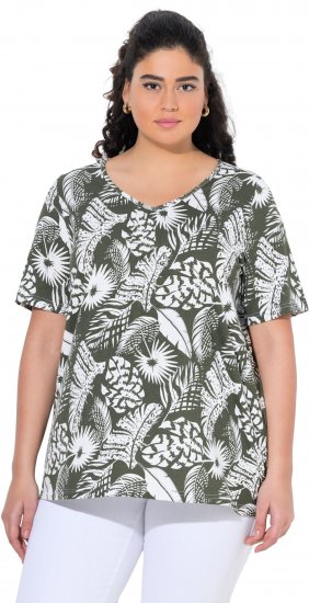 Ulla Popken Feather Print Short Sleeve V-Neck Tee Olive Grey - Trykte T-shirts til kvinder - 