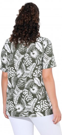 Ulla Popken Feather Print Short Sleeve V-Neck Tee Olive Grey - Trykte T-shirts til kvinder - 
