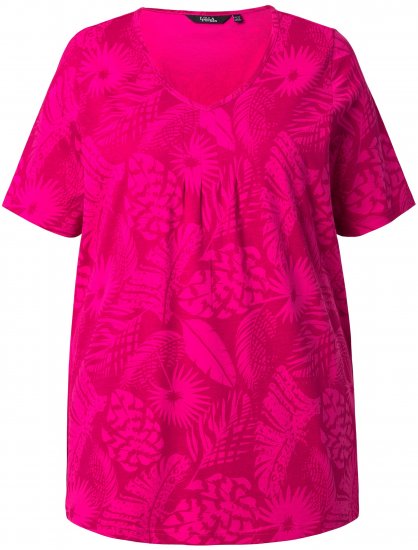 Ulla Popken Feather Print Short Sleeve V-Neck Tee Berry - Trykte T-shirts til kvinder - 