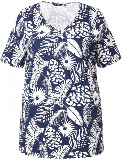 Ulla Popken Feather Print Short Sleeve V-Neck Tee Ink Blue - Trykte T-shirts til kvinder - 