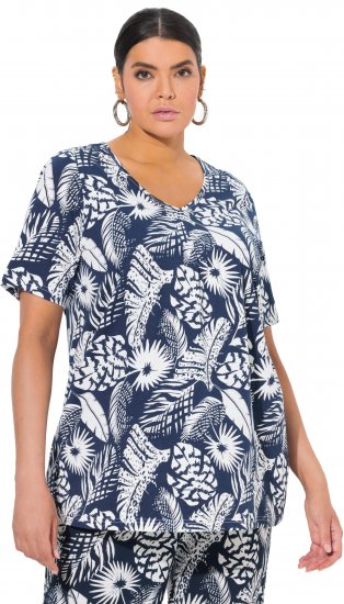 Ulla Popken Feather Print Short Sleeve V-Neck Tee Ink Blue - Trykte T-shirts til kvinder - Printede T-shirts til Damer