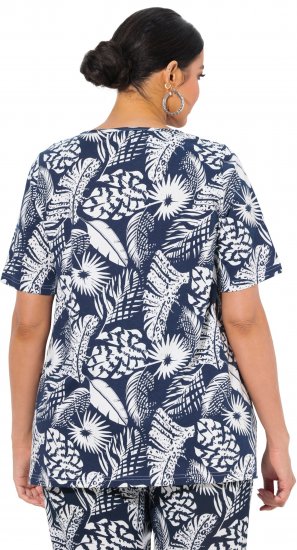 Ulla Popken Feather Print Short Sleeve V-Neck Tee Ink Blue - Trykte T-shirts til kvinder - 