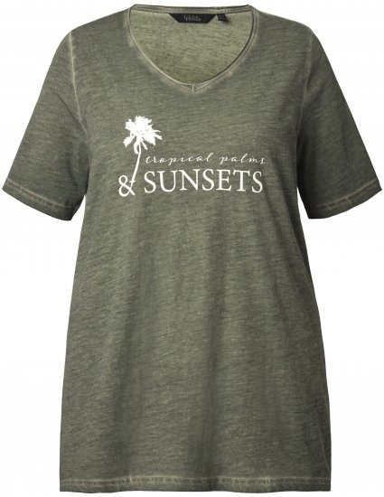 Ulla Popken Sunset Lettering Short Sleeve Graphic Tee Olive - Trykte T-shirts til kvinder - Printede T-shirts til Damer