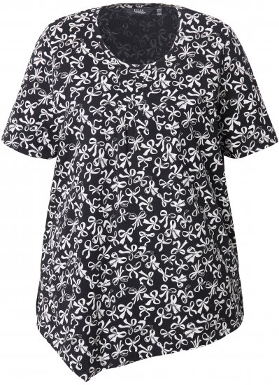 Ulla Popken Bow Print Short Sleeve Pointed Hem Tee Black - Trykte T-shirts til kvinder - 